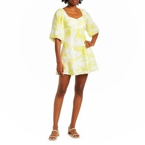 NWOT Nicholas Lydia Floral Linen Puff Sleeve Chartreuse Mini Dress